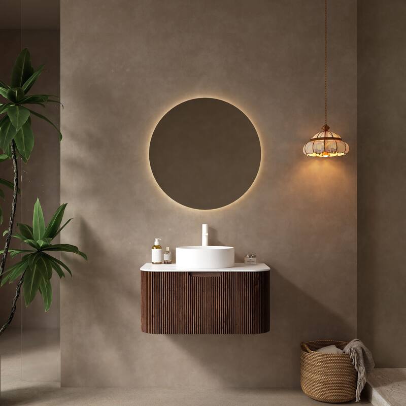 35" Wall-Mounted Bathroom Vanity with 14" Glossy Ceramic Vessel Sink, Dark Walnut 3D Striped Finish - 24 in ,Walnut,White ,Artificial Marble,Ceramic - Walnut,White