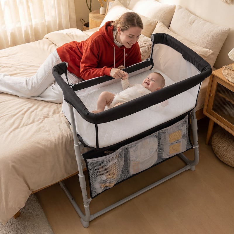 Gymax Bedside Crib w/ Mattress 5-Level Adjustable Height Protective