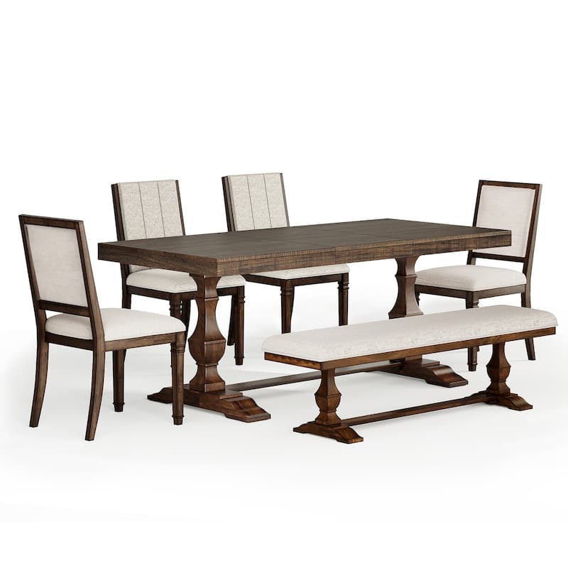 6-pieces Farmhouse Dining Table for 6, 74.8" Kitchen Table Set with 4 Chairs and Bench, Solid Wood Legs and Cushion Seat