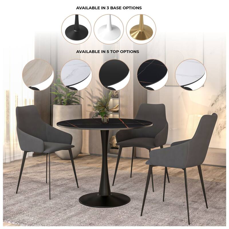 Bristol 32" Round Minimalist Dining Table for 4, Sintered Stone Top & Black Iron Pedestal Base for Kitchen & Dining Room