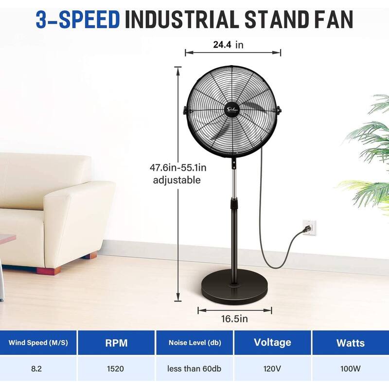 20 Inch Black Pedestal Standing Fan with 3 Adjustable Speeds For