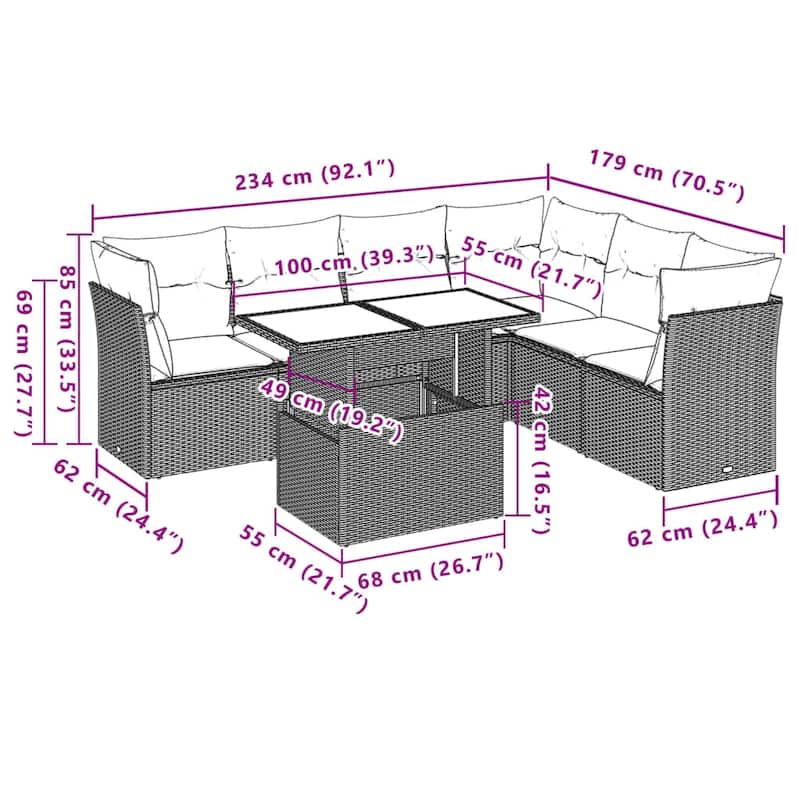 vidaXL Patio Sofa Set with Cushions Outdoor Furniture 7 Piece Poly Rattan - 21.7 x 39.4 x 28.7 in
