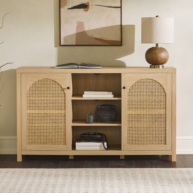 Transitional 58" 2-Door Sideboard with Arched Rattan Panels