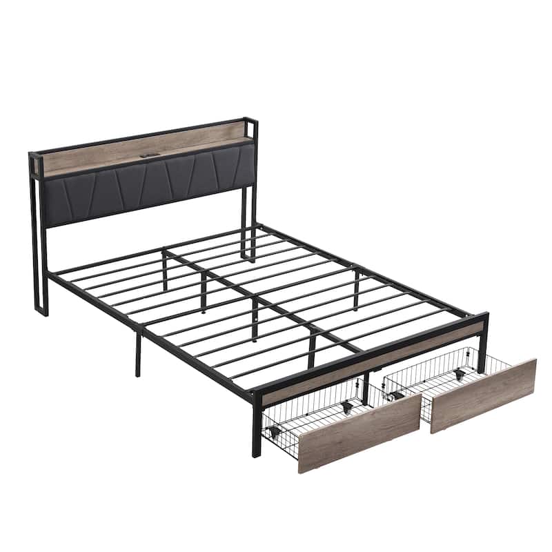 Black+Grey Full Size Metal Platform Bed with Drawers and Storage Headboard