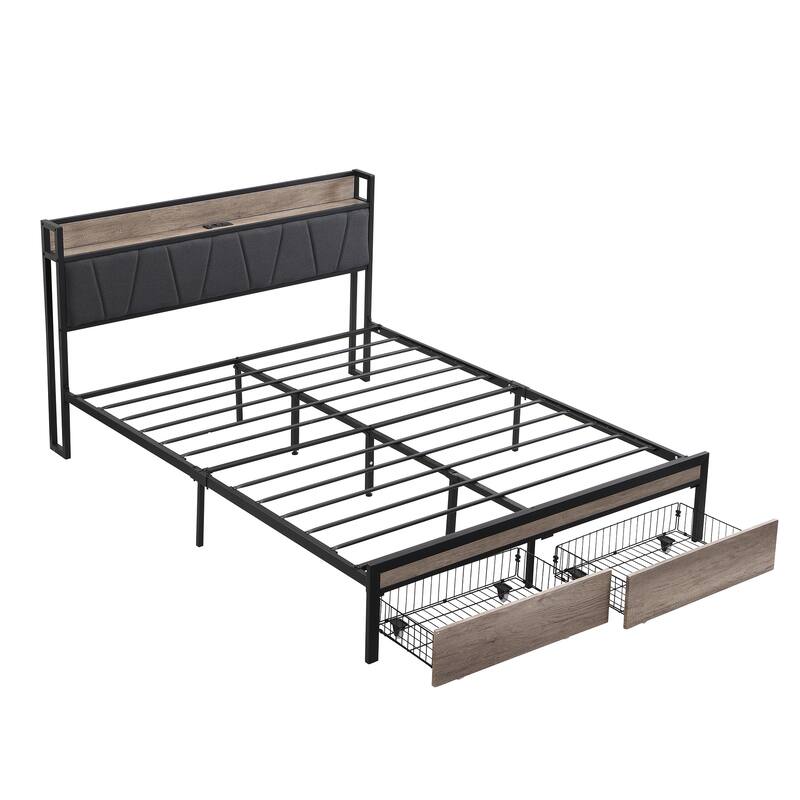 Full Size Metal Platform Bed Frame with upholstery storage function Headboard and USB and Footboard with drawers