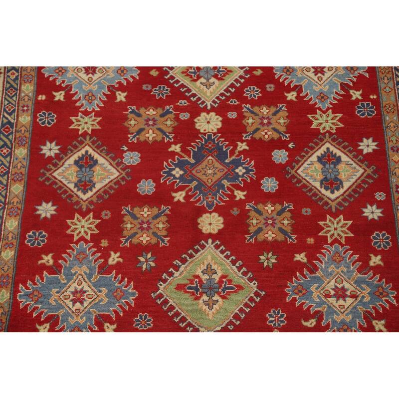 Red Geometric Kazak Area Rug Hand-Knotted Bedroom Wool Carpet - 6'2" x 10'2"
