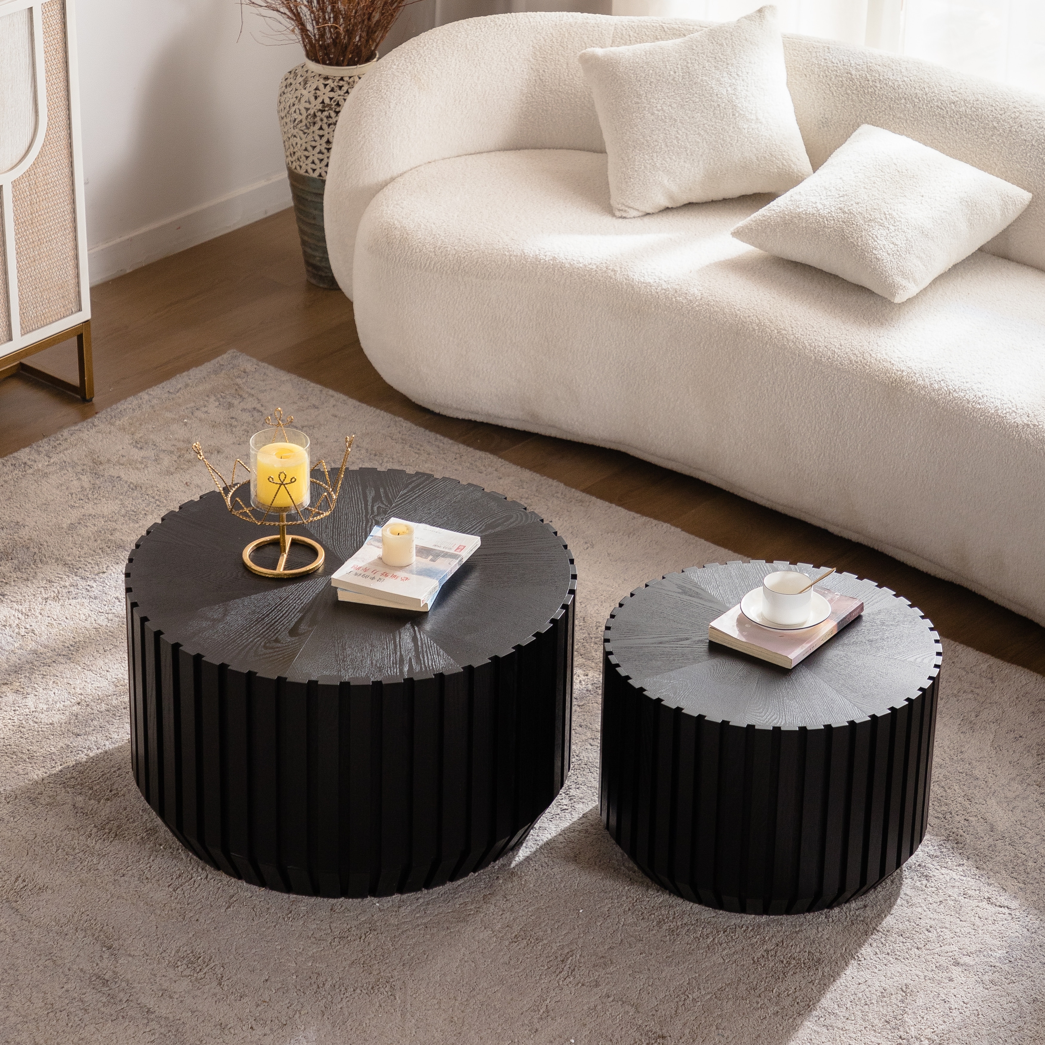 GDFStudio - Set of 2 Modern Black Fluted Nesting Coffee Table with Solid Wood Tops