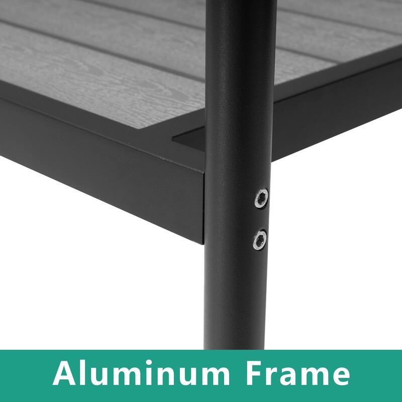 9-PCOutdoor Patio Dining Set WoodLike Table Top Aluminum Rectangular Umbrella Hole Table with Stackable Armrest Dining Chairs