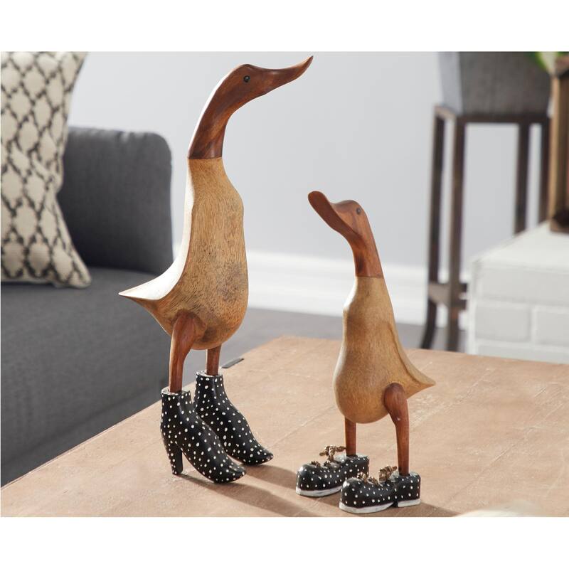 Bamboo Brown Wood Duck Decorative Sculpture - Set of 2 White or Black - Roche River Decor