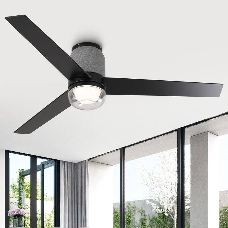 52" Modern Black RGB LED Smart Flush Mount Ceiling Fan with Light and Remote, App Control, Voice Control