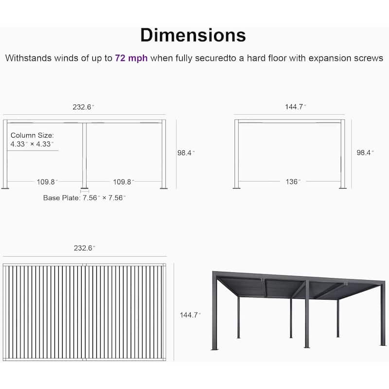 PURPLE LEAF Louvered Pergola Outdoor Aluminum Pergola with Adjustable Roof for Patio Hardtop Gazebo