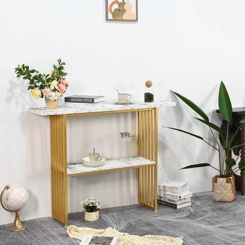 Modern Luxury Gold Metal Frame Console Table, Chic Entryway Table with Storage Shelf for Living Room Decor