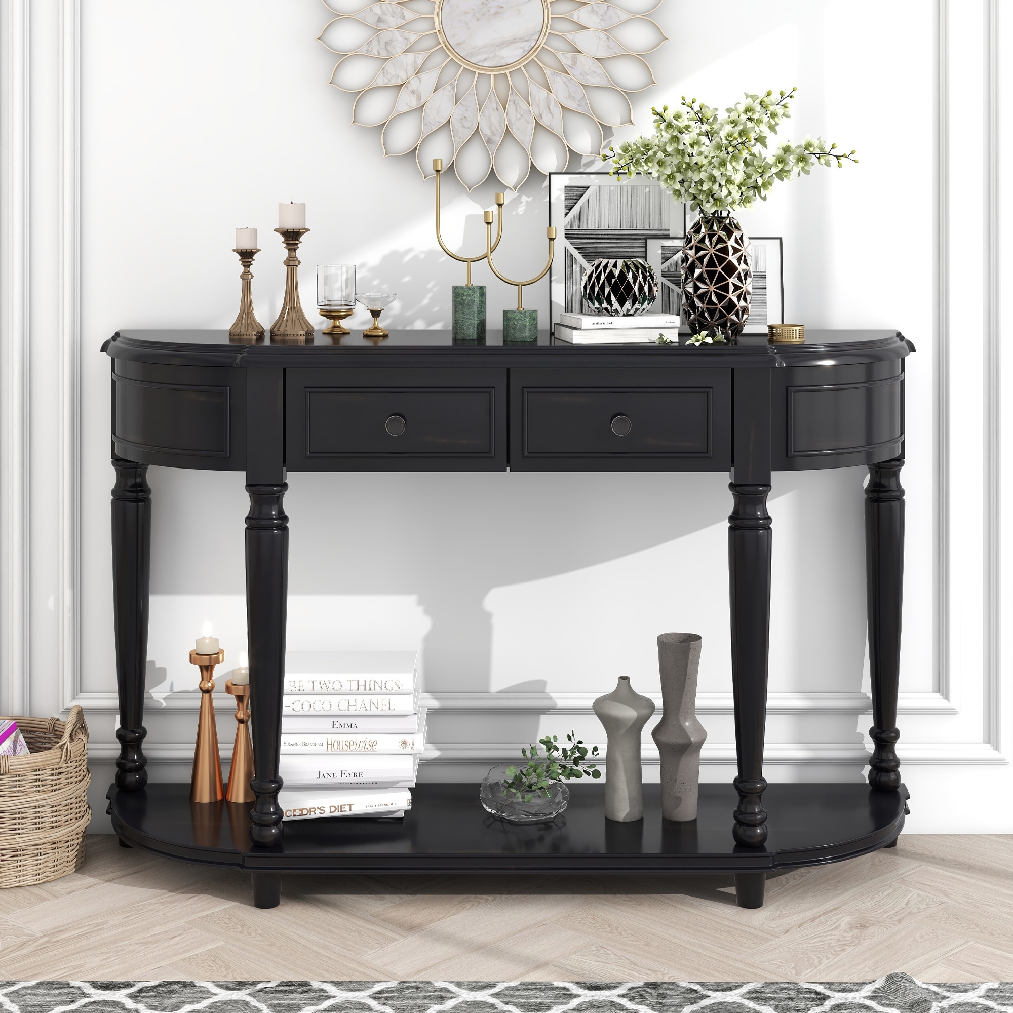 Retro Romanesque Style Curved Design Solid Wood Console Table, Entryway  Table with 2 Top Drawers & Open Shelf for Living Room - Bed Bath & Beyond -  37285102