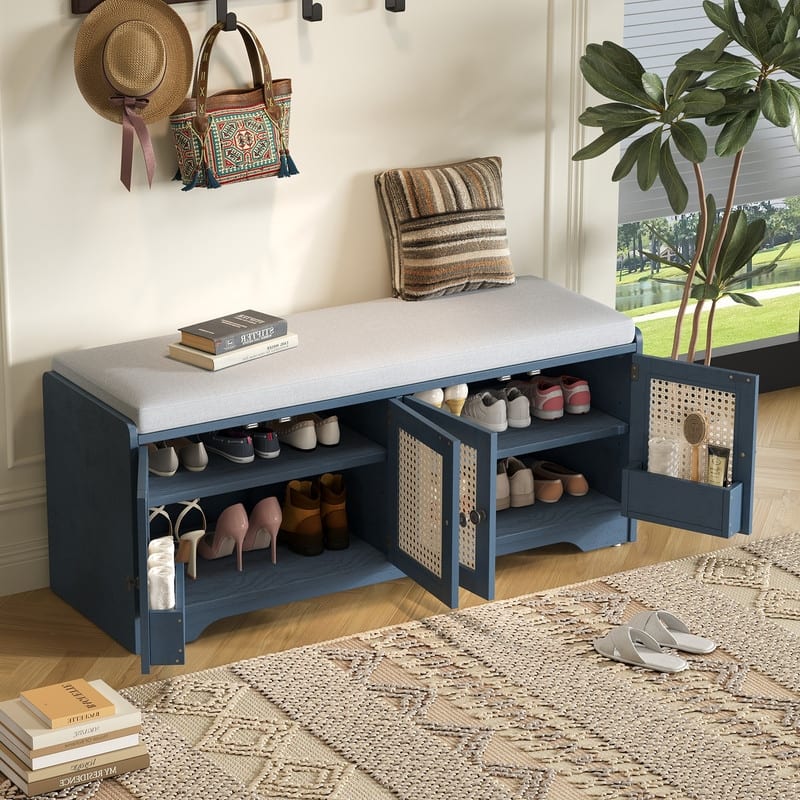 Rustic 47.4" Storage Bench Multifunctional Wooden Entryway Organizer with Removable Cushion and Rattan Doors