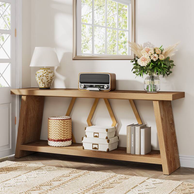 70.86-Inch Console Table, Wood Entryway Table with Storage, Couch Side Foyer Hallway Accent Table for Living Room, Entrance - Light Oak Brown