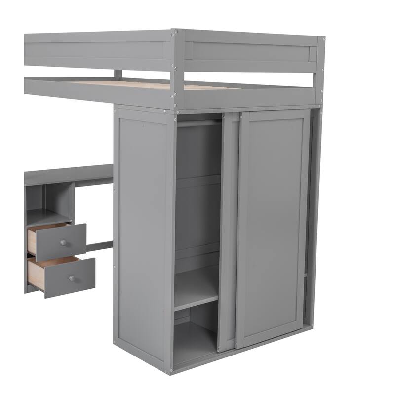 Gray Twin Loft Bed with Wardrobe, Desk & Storage - Space Saving Furniture
