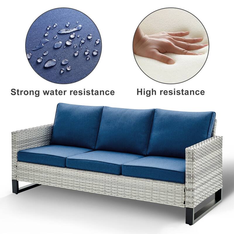 3 Pieces Outdoor Wicker Sofa with Ottomans Light Grey - Blue - Light Grey