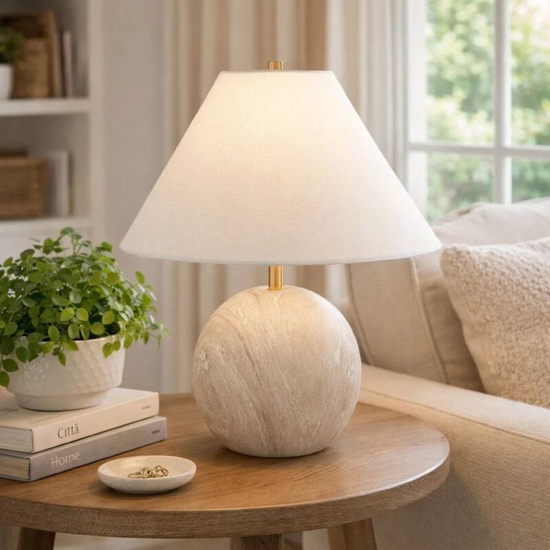 Table Lamp, Water Marble Ceramic and White Linen Shade, 17 Inch