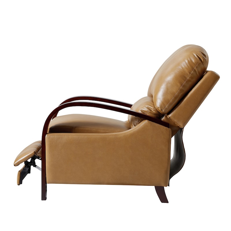 Alex Mid-century Modern Genuine Leather Manual Recliner with Wooden Curved Arms
