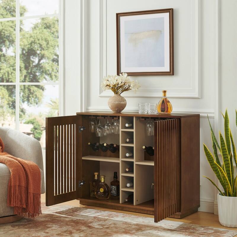 Mid Century Modern Fluted Buffet Cabinet with Wine Glass Holder and Wine Rack