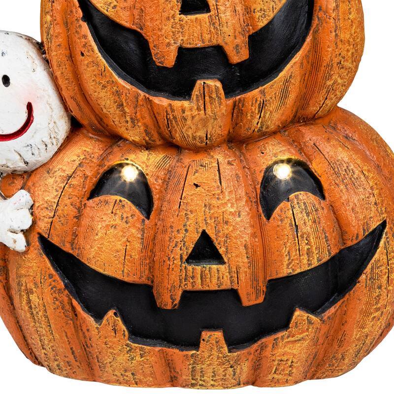 Lighted Stacked Jack-O-Lanterns with Ghost and Black Cat Halloween Decoration - 20" - LED Clear Lights