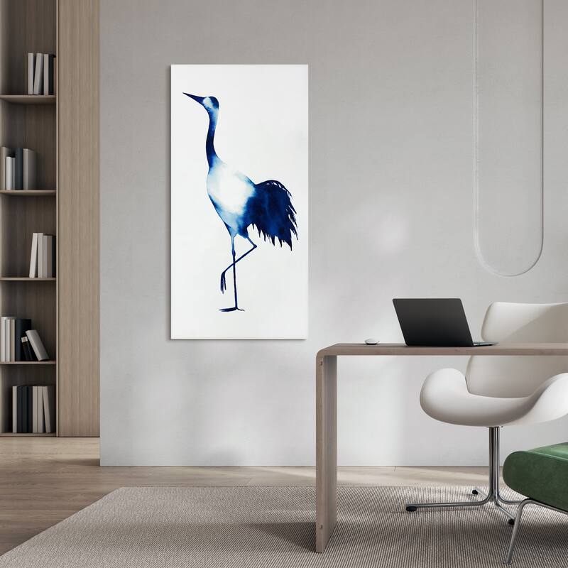 "Ink Drop Crane" Glass Wall Art Printed on Frameless Free Floating Tempered Glass Panel - Blue