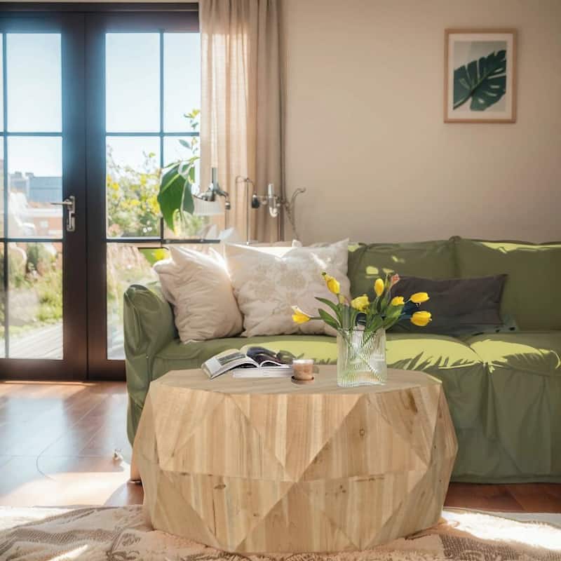 Roomfitters 38.58-Inch American Retro Style Coffee Table with Three-Dimensional Embossed Pattern Design - Natural
