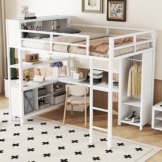 Full Size Metal Loft Bed with Wardrobe and L-Shaped Desk, Storage Cubes & Shelves, Heavy Duty Loft Bed for Kids Teens Adults