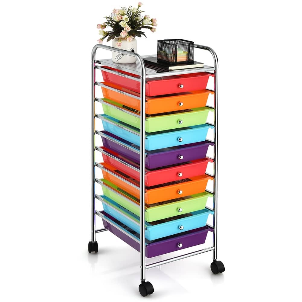 Costway 10 Drawer Rolling Storage Cart Scrapbook Office School - Multi - See Details