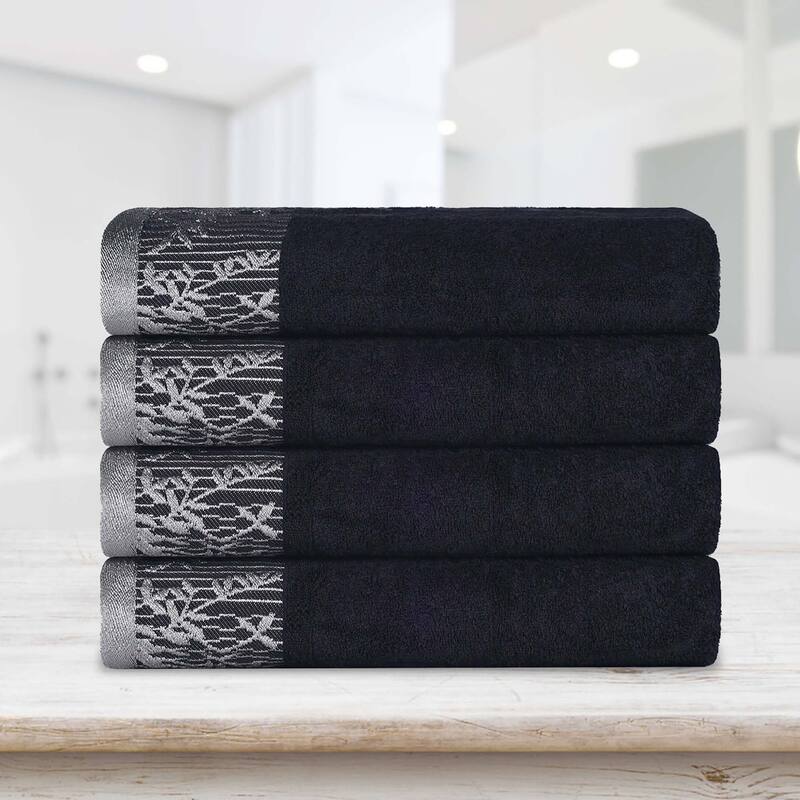 Superior Wisteria Cotton Floral Jacquard Border Bath Towel Set - Black