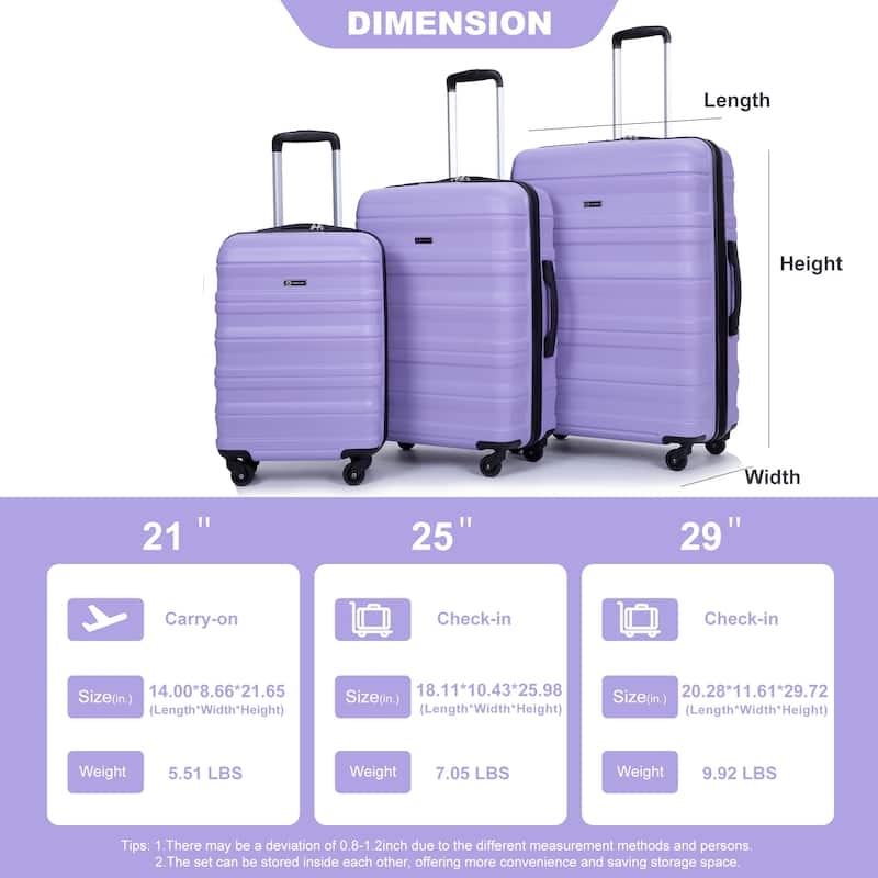 Expandable 3 Piece Luggage Sets PC Lightweight & Durable Suitcase with Two Hooks, Spinner Wheels, TSA Lock, (21/25/29)