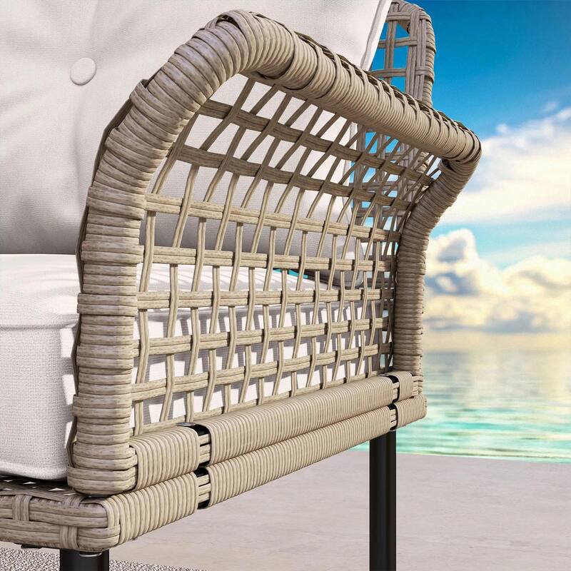 5PCS PE Rattan Patio Set, Sofa Chaise Coffee Table, White Weatherproof