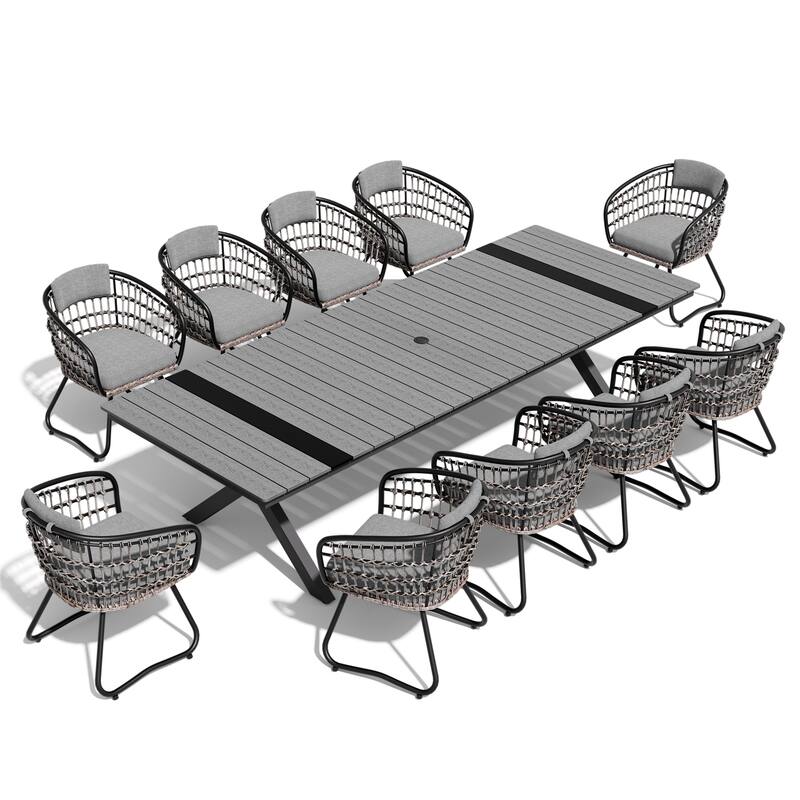 11PC Outdoor Patio Aluminum Dining X Frame Table and Rattan Chairs Set with Umbrella Hole