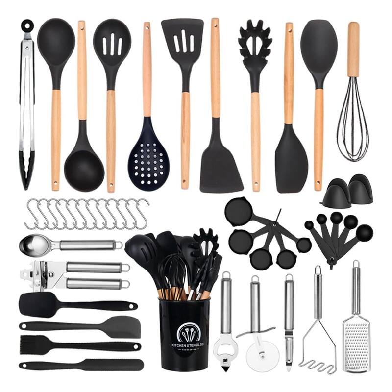 Non Stick Silicone Kitchen Utensils with Wood Handles set of 47 pc - Black