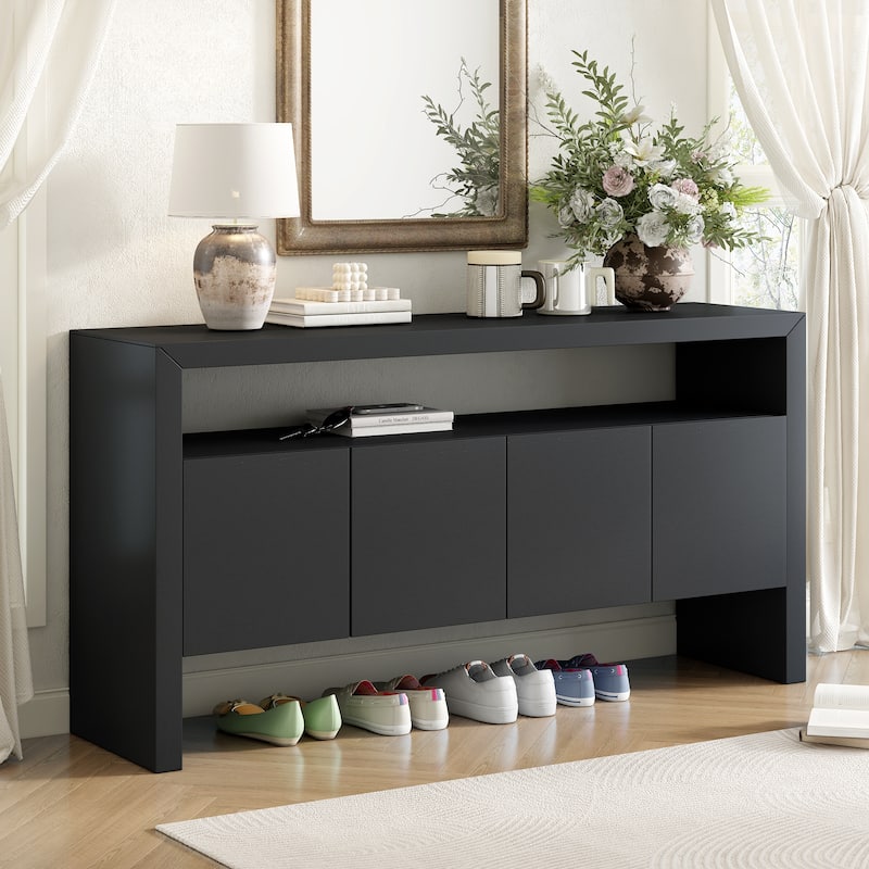 4-Door Sideboard, Modern Minimalist Solid Wood Veneer Sideboard with Open Shelf, Natural Wood Grain, for Living Room, Dining
