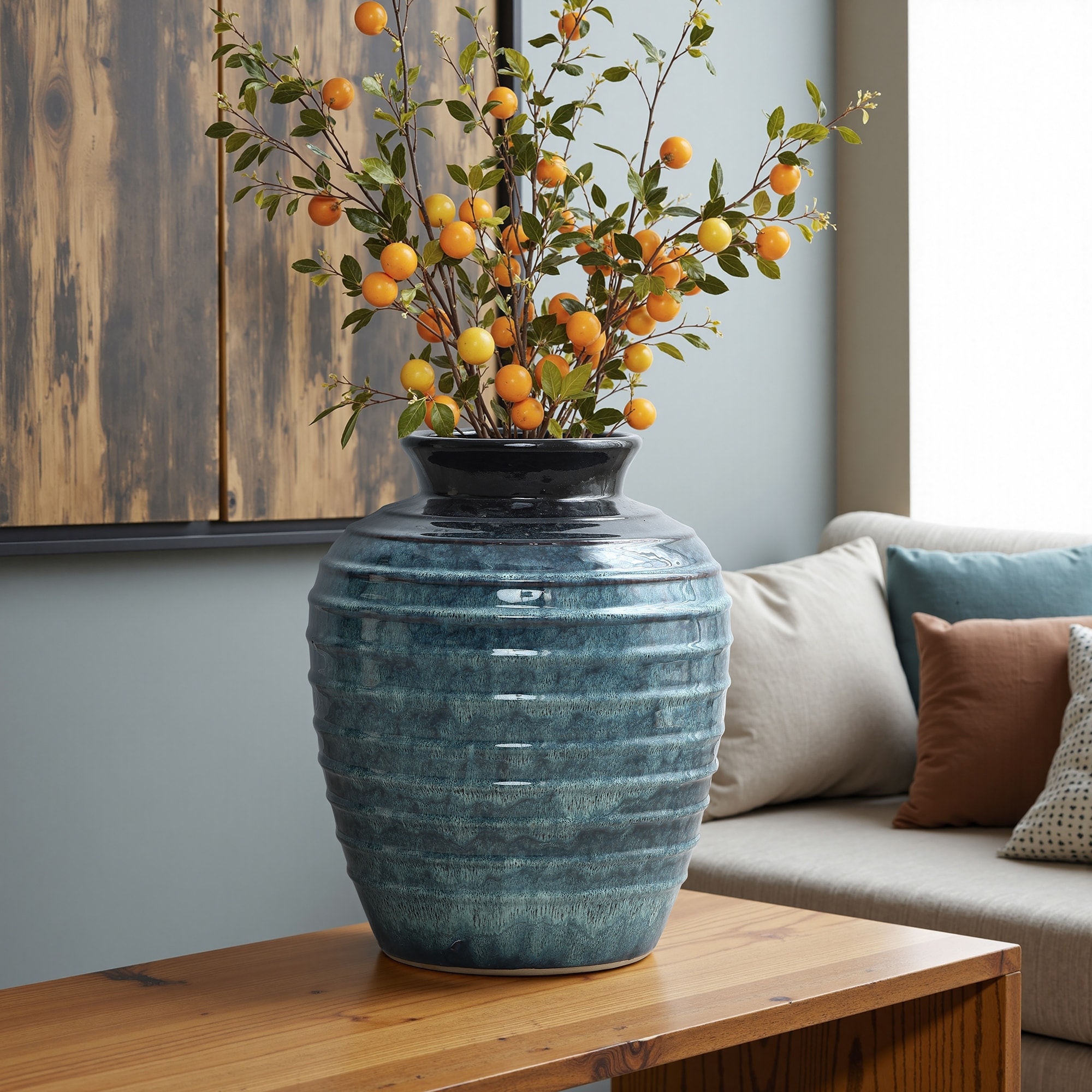 Rippled Blue with Brown Round Ceramic Vase, Home Decor Tabletop & Floor Accent