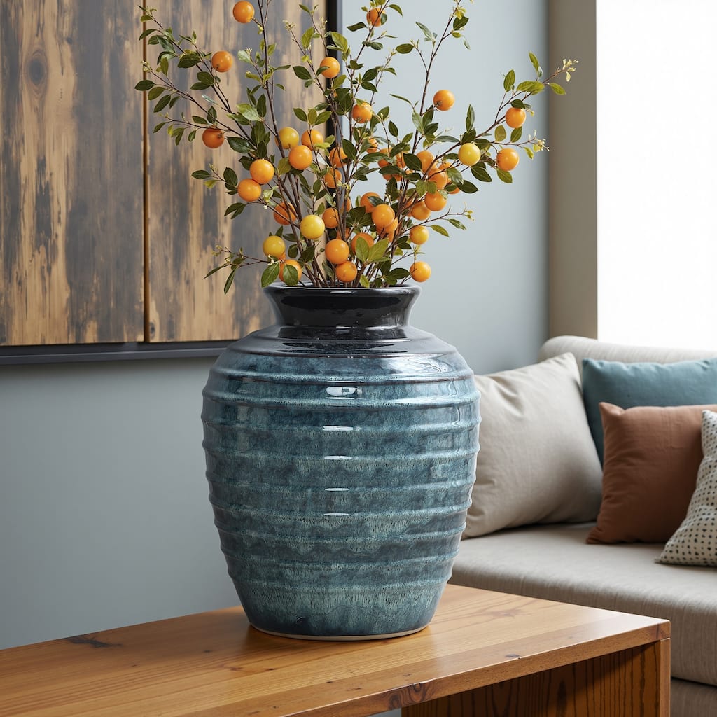 Rippled Blue with Brown Round Ceramic Vase, Home Decor Tabletop & Floor Accent