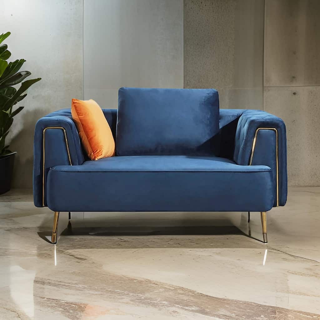 Azia Loveseat, Blue Velvet, Tufted Arms, Golden Accents, Legs 64 Inch
