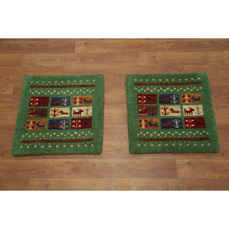 Hand Knotted Oriental 100% Wool Carpet Tribal Animal Pictorial Green Gabbeh Area Rug - 1' 4'' X 1' 4''