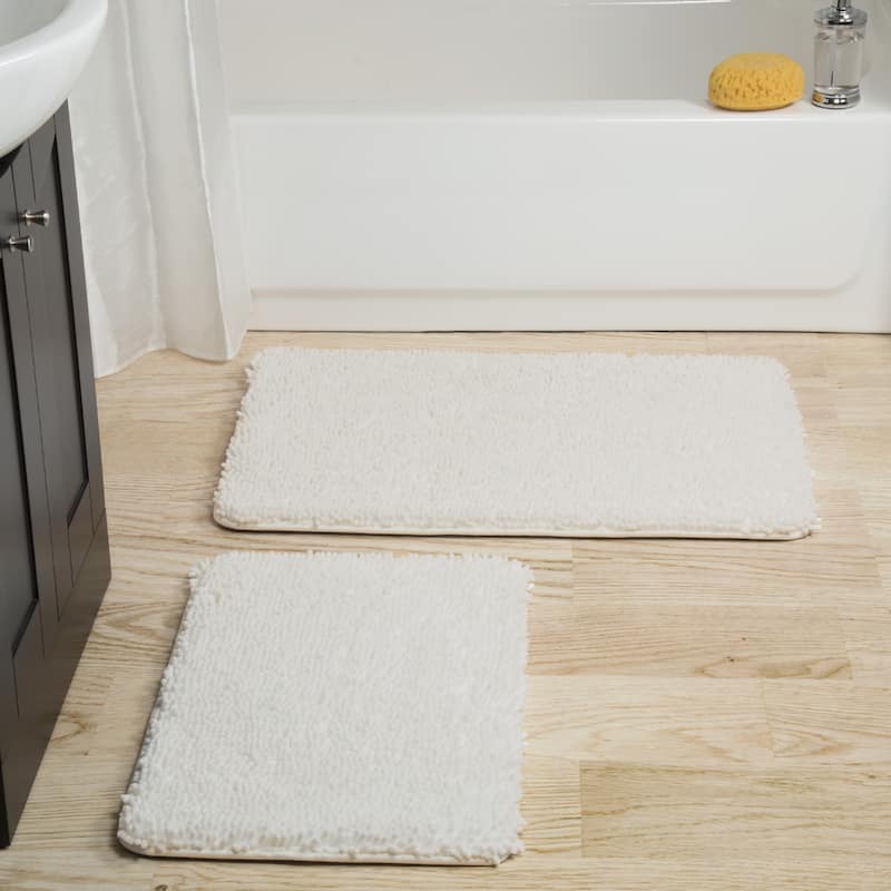 Bathroom Rugs - 2-Piece Memory Foam Bathroom Set with Chenille Shag Top and Non-Slip Base by Windsor Home - White