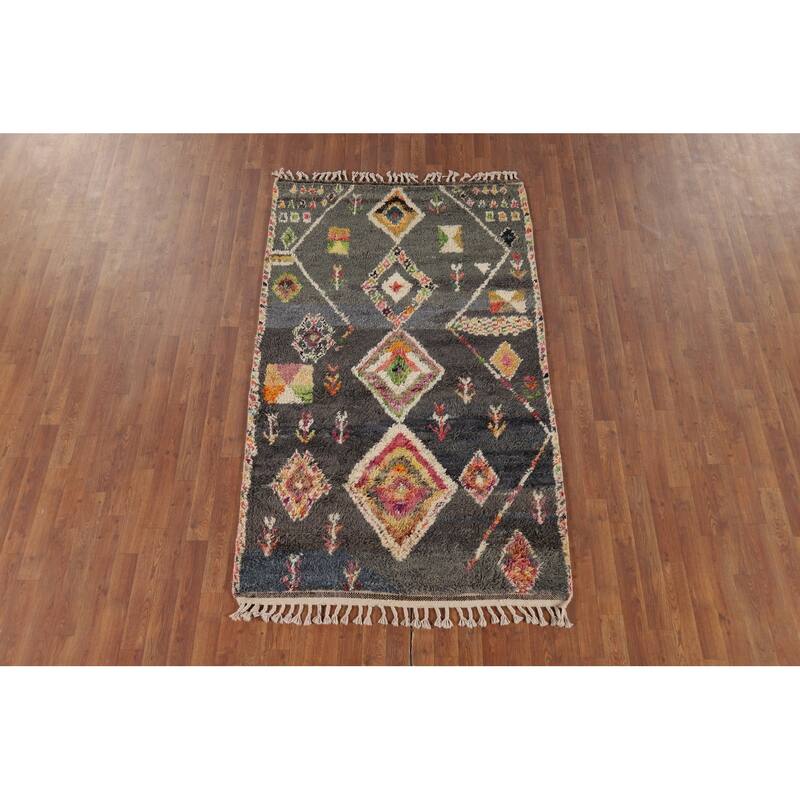 Hand Knotted Oriental 100% Wool Carpet Modern Tribal Greys & Charcoal Moroccan Area Rug - 6' 11'' X 4' 1''