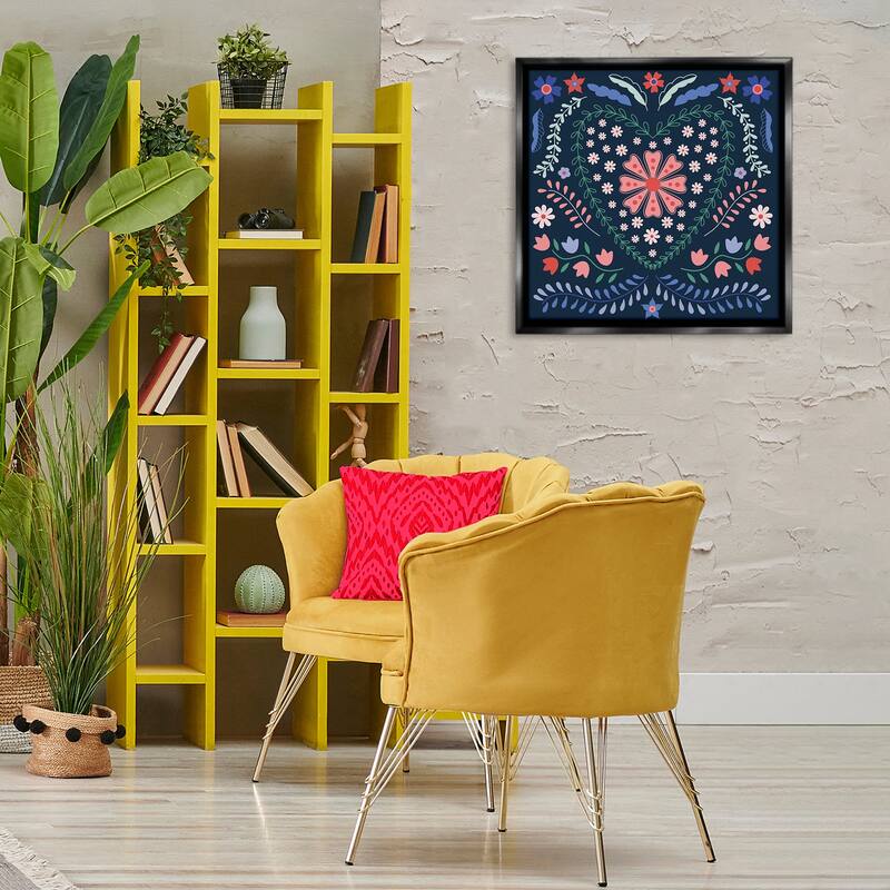 Stupell Folk Flowers in Heart Pattern Framed Floater Canvas Wall Art Design By Sazerelli Designs