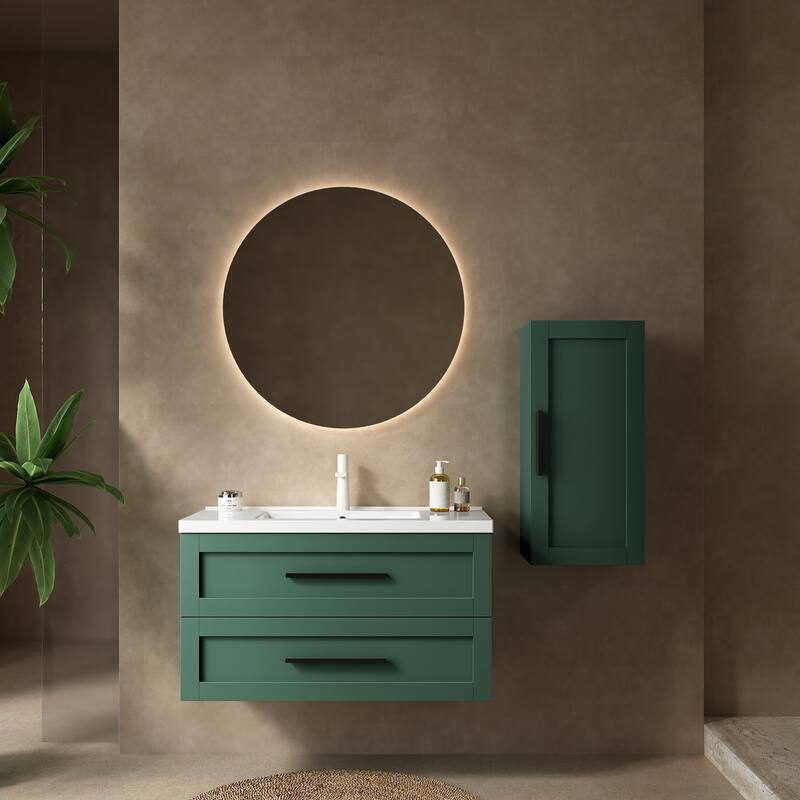 Wall-Mounted Bathroom Vanity with Premium Ceramic Basin, Large Storage, Soft-Close Drawers, and Detailed Assembly Instructions - 35.83in L Ceramic - White+Green