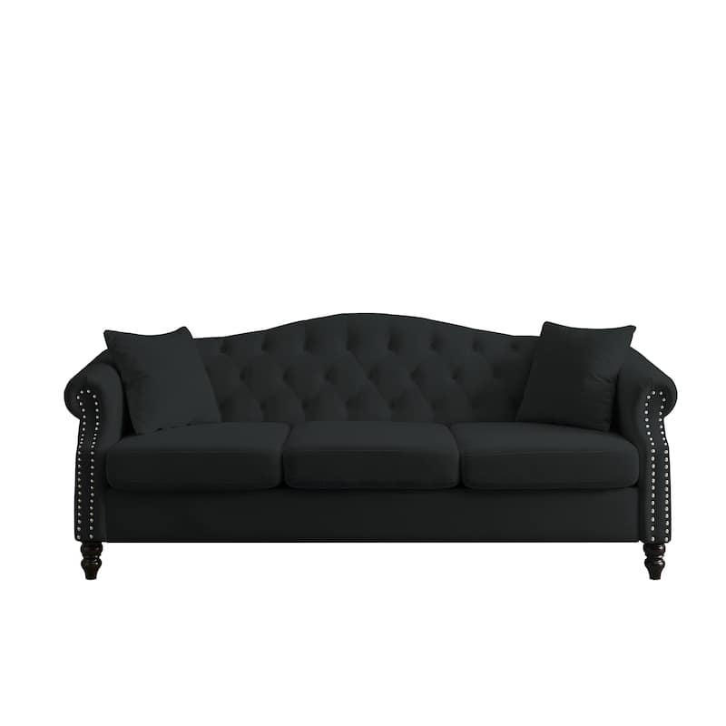 Classic Chesterfield 3-Seater Velvet Sofa with Nailhead Trim and Two Pillows, Ideal for Living Room, Bedroom, or Apartment