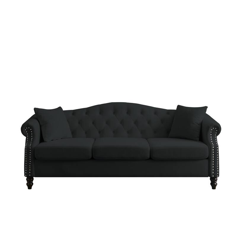 Modern Black Velvet Button Tufted Upholstered Sofa w/Nailhead Armrests