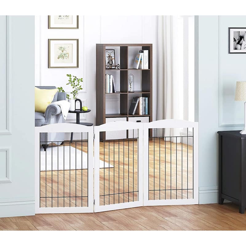 Spirich Freestanding Black Wire Pet Gate,60 inches Extra Wide,30 inches Tall Dog Gate ,Pet Puppy Safety Fence, 3 Panels - White
