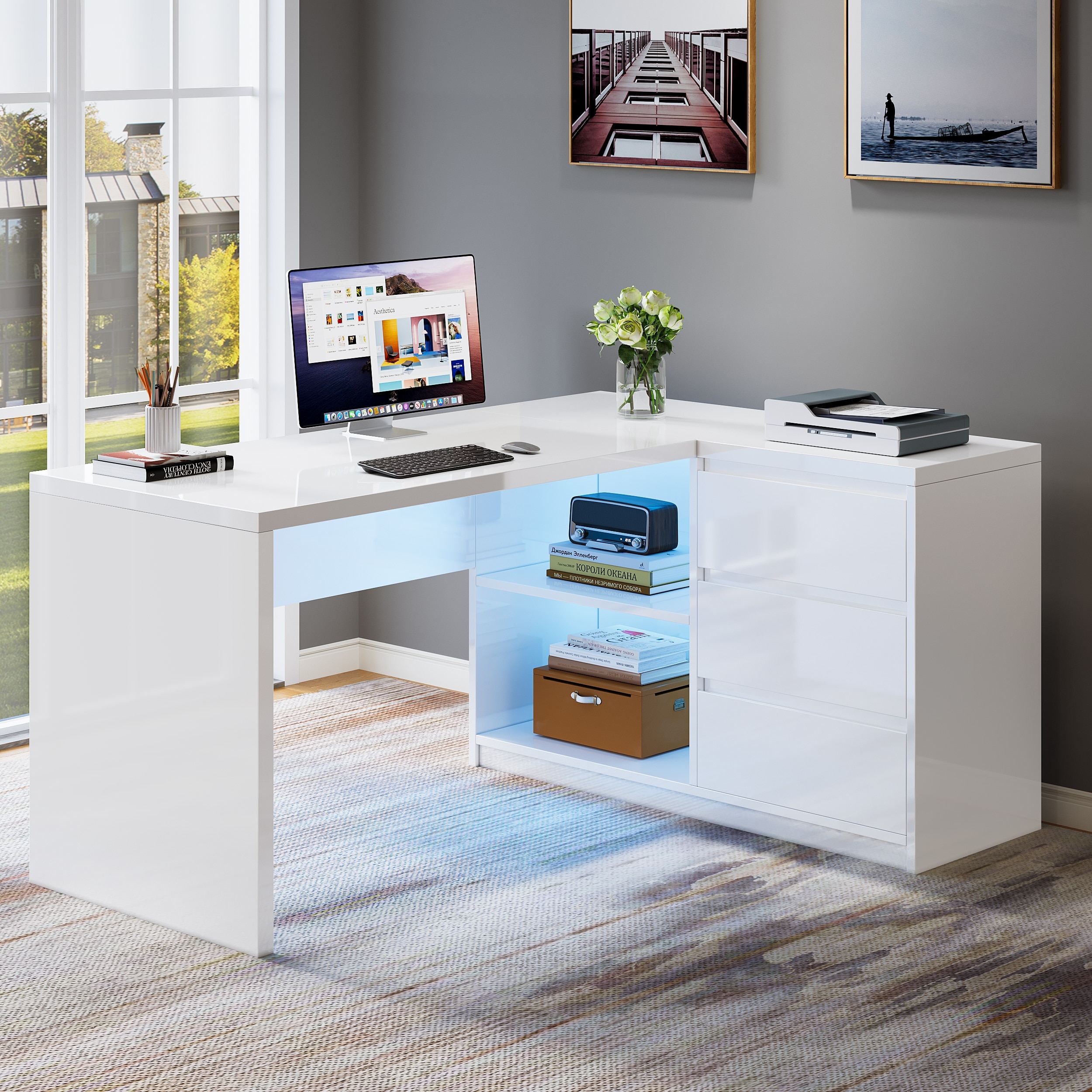 55-Inch L-Shaped Computer Desk with 3 Drawers