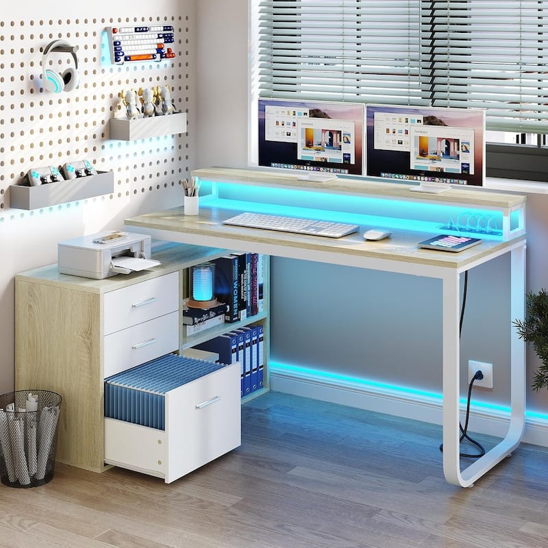 55 Inch L-shaped Gaming Desk with Power Outlets and LED Lights Computer Corner Desk with File Cabinet Monitor Stand