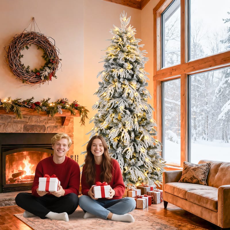 Slim Flocked Pre-lit Christmas Trees with PE&PVC Tips & Warm White LED Lights - White - 8 Foot