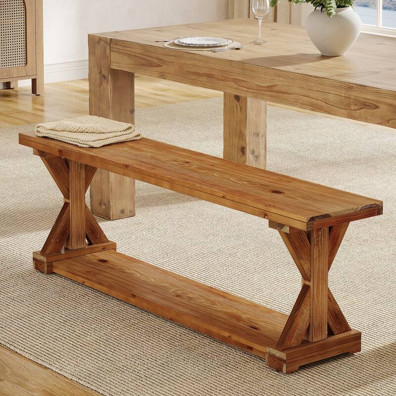 59" Solid Wood Dining Bench, Rustic Farmhouse Bench for Dining Table - Brown